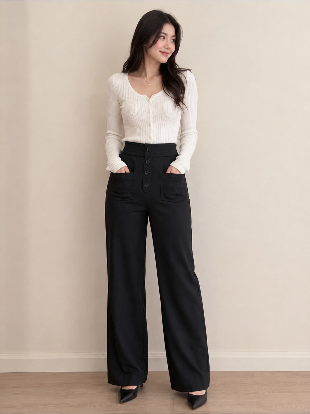 HALARA Black High-Waist Wide-Leg Pants with Front Buttons
